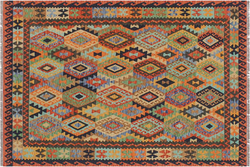 Flat Weave Kilim, Antique, Navaho, Vintage, Handmade, Geometric Kilim Blue Rust Hand-Woven Rectangle 100% Wool Area Rug 5 x 6